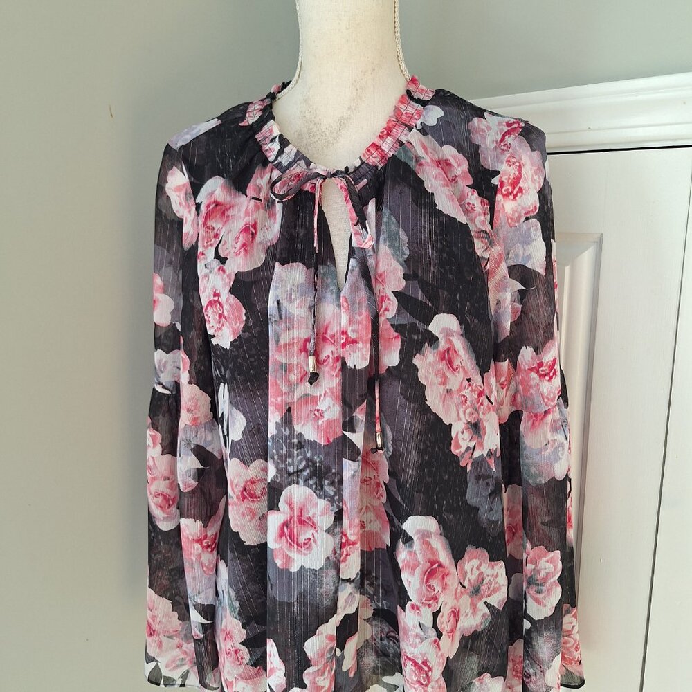 Jennifer Lopez Floral Metallic Blouse Shirt Top Size XL